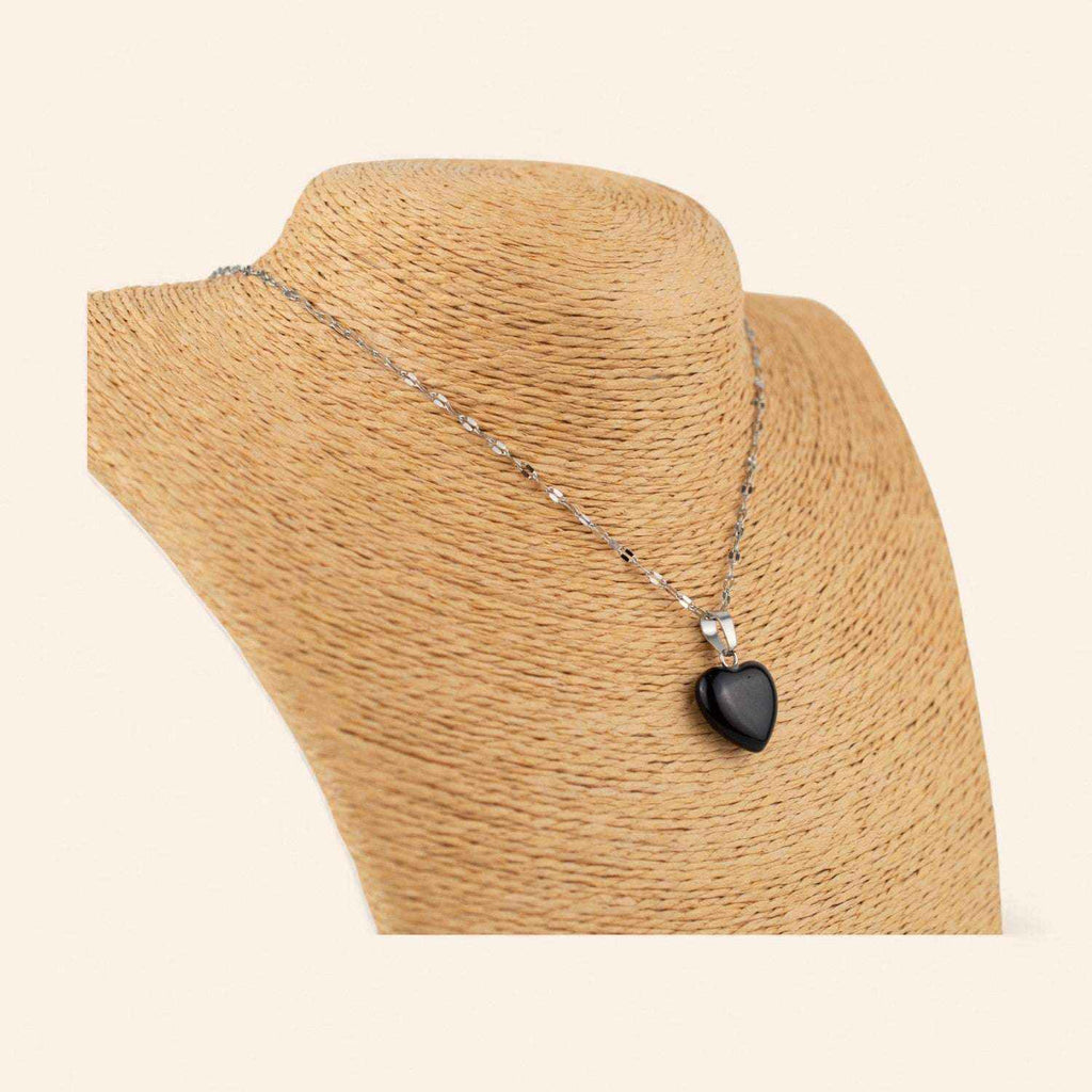 Pendentif cœur en pierres naturelles Obsidienne et chaîne argentée
