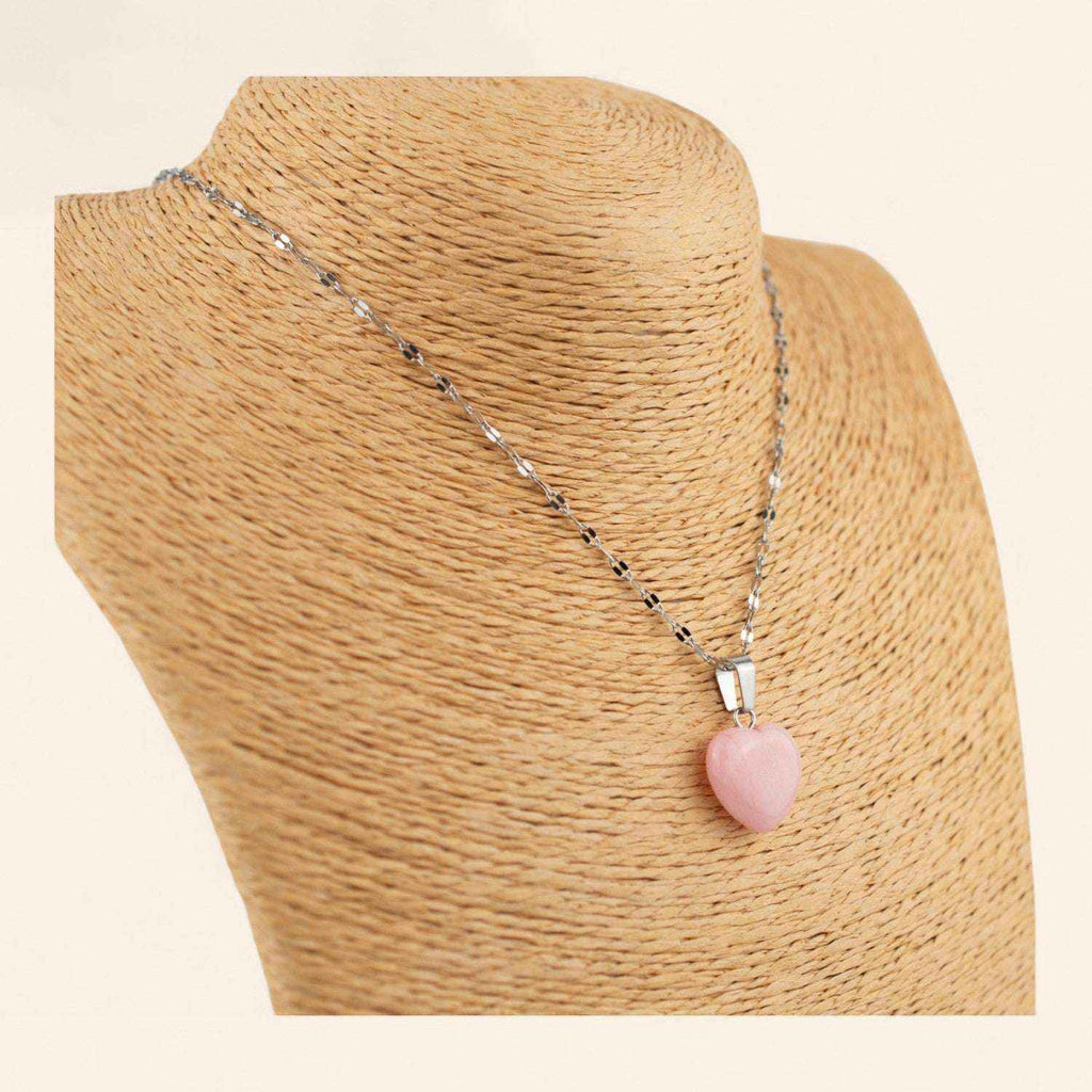 Pendentif cœur en pierres naturelles Rhodochrosite et chaîne argentée