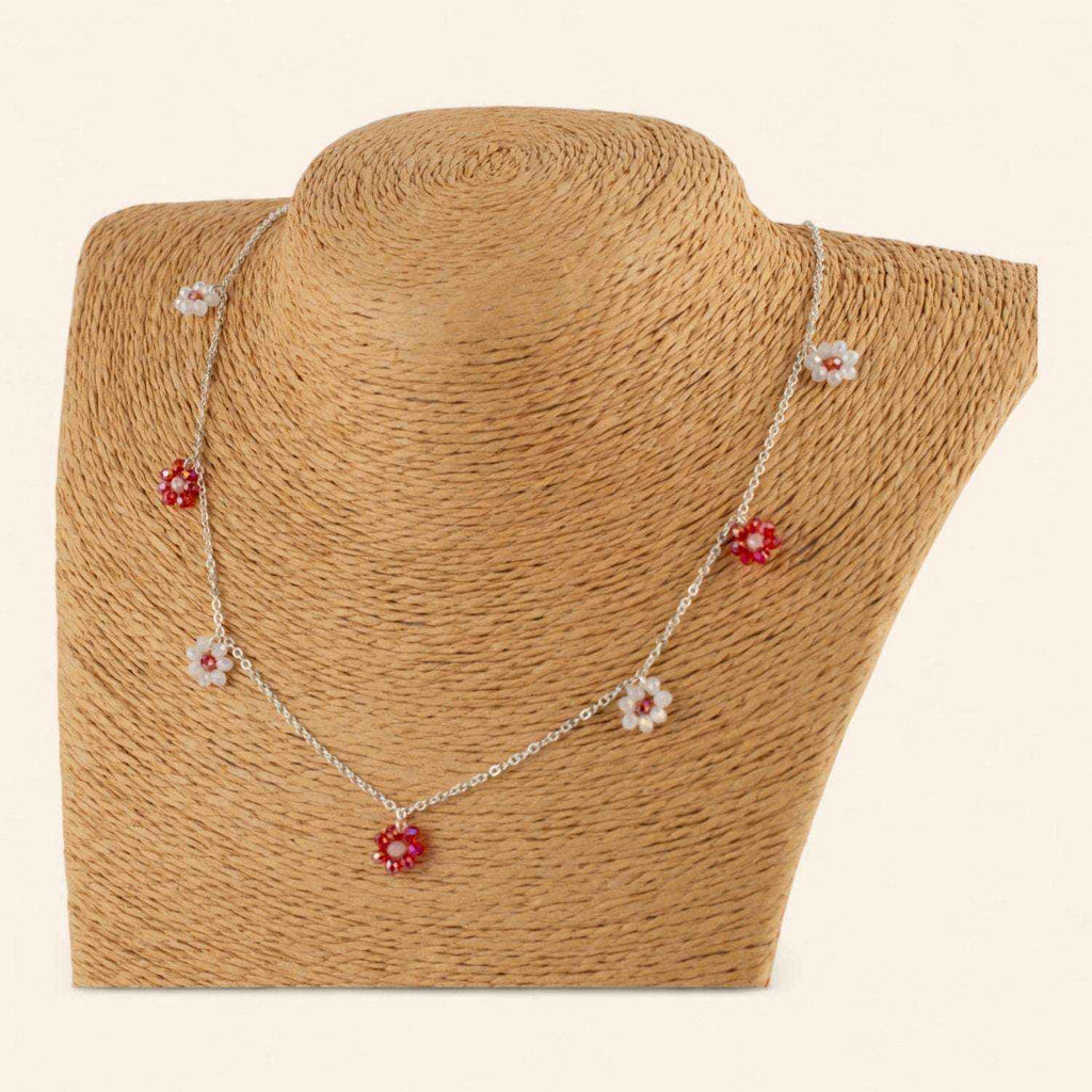 Collier Fleurs perles cristal Rouges et Blanches