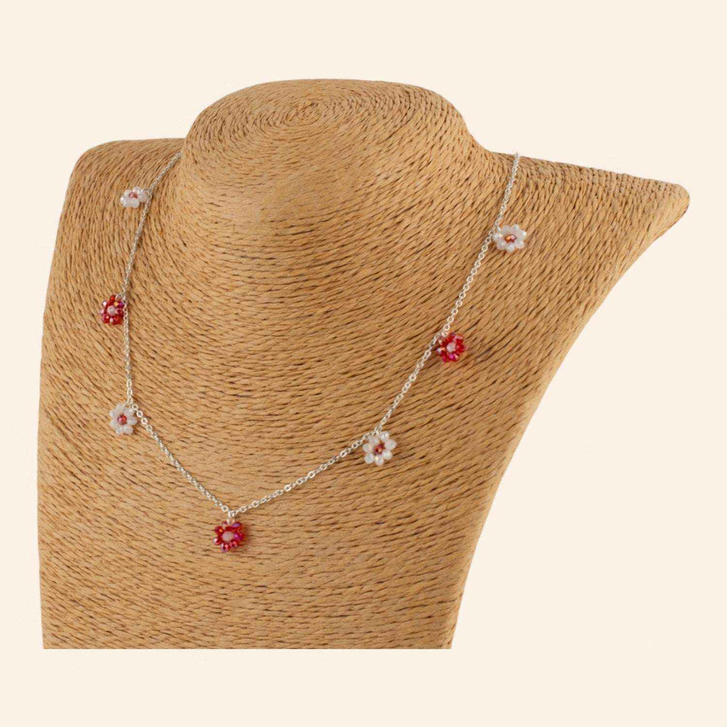 Collier Fleurs perles cristal Rouges et Blanches