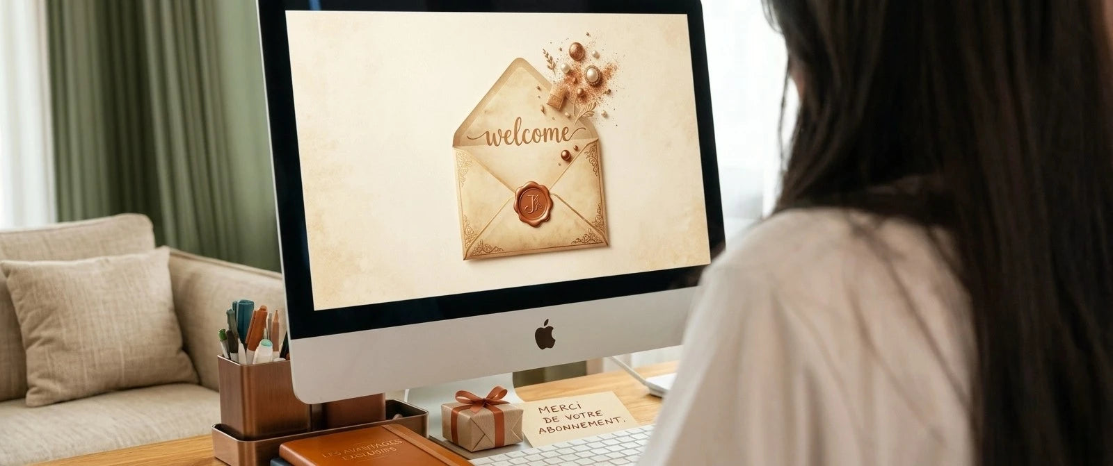Illustration d'un écran d'ordinateur incitant à l'inscription à la newsletter Jethyka, avec une enveloppe stylisée de bienvenue aux couleurs douces, terracotta et dorées.