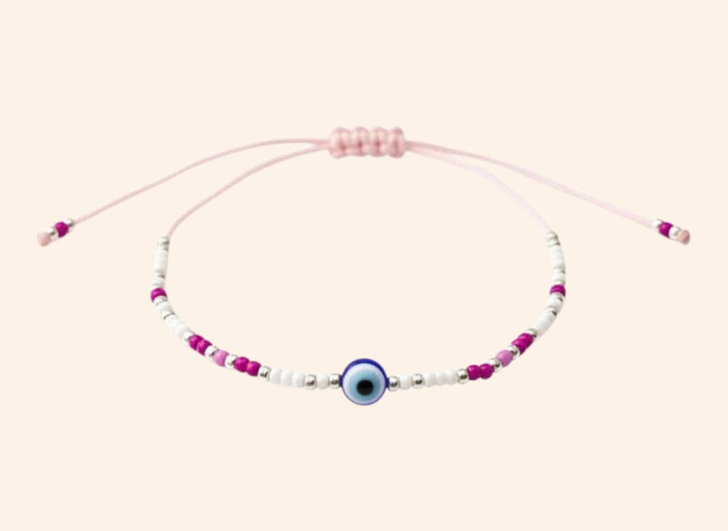 Bracelet JETHYKA œil protecteur en perles rocailles roses et blanches, cordon ajustable