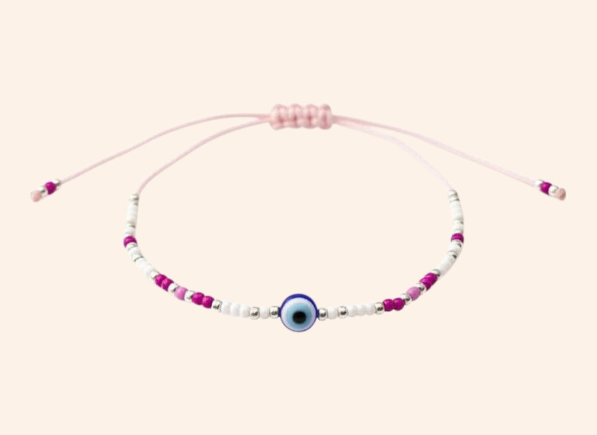 Bracelet JETHYKA œil protecteur en perles rocailles roses et blanches, cordon ajustable