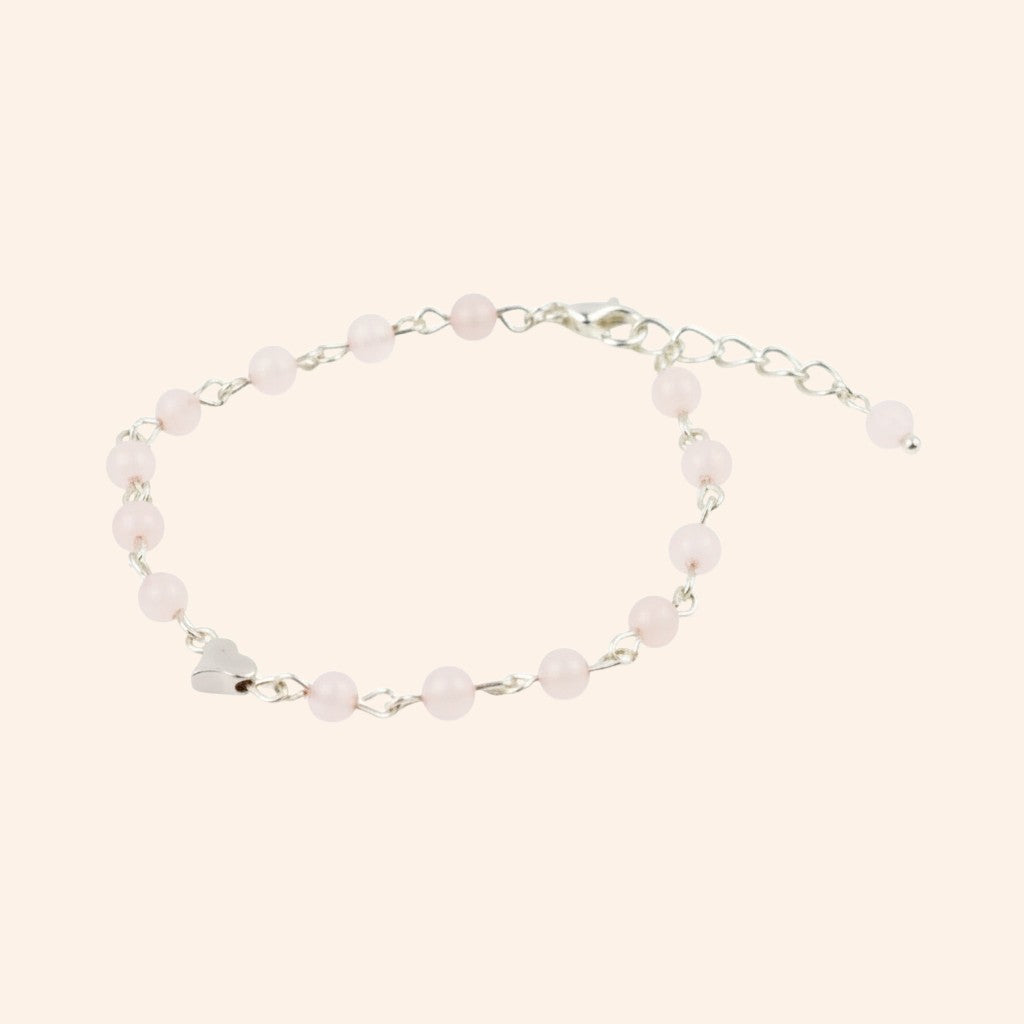 Bracelet JETHYKA en quartz rose et perle cœur argenté, bijou fantaisie réglable