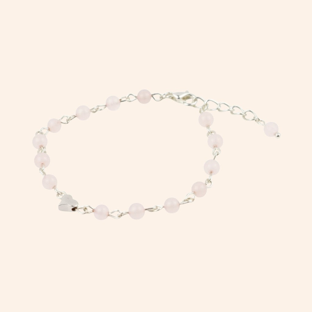 Bracelet JETHYKA en quartz rose et perle cœur argenté, bijou fantaisie réglable