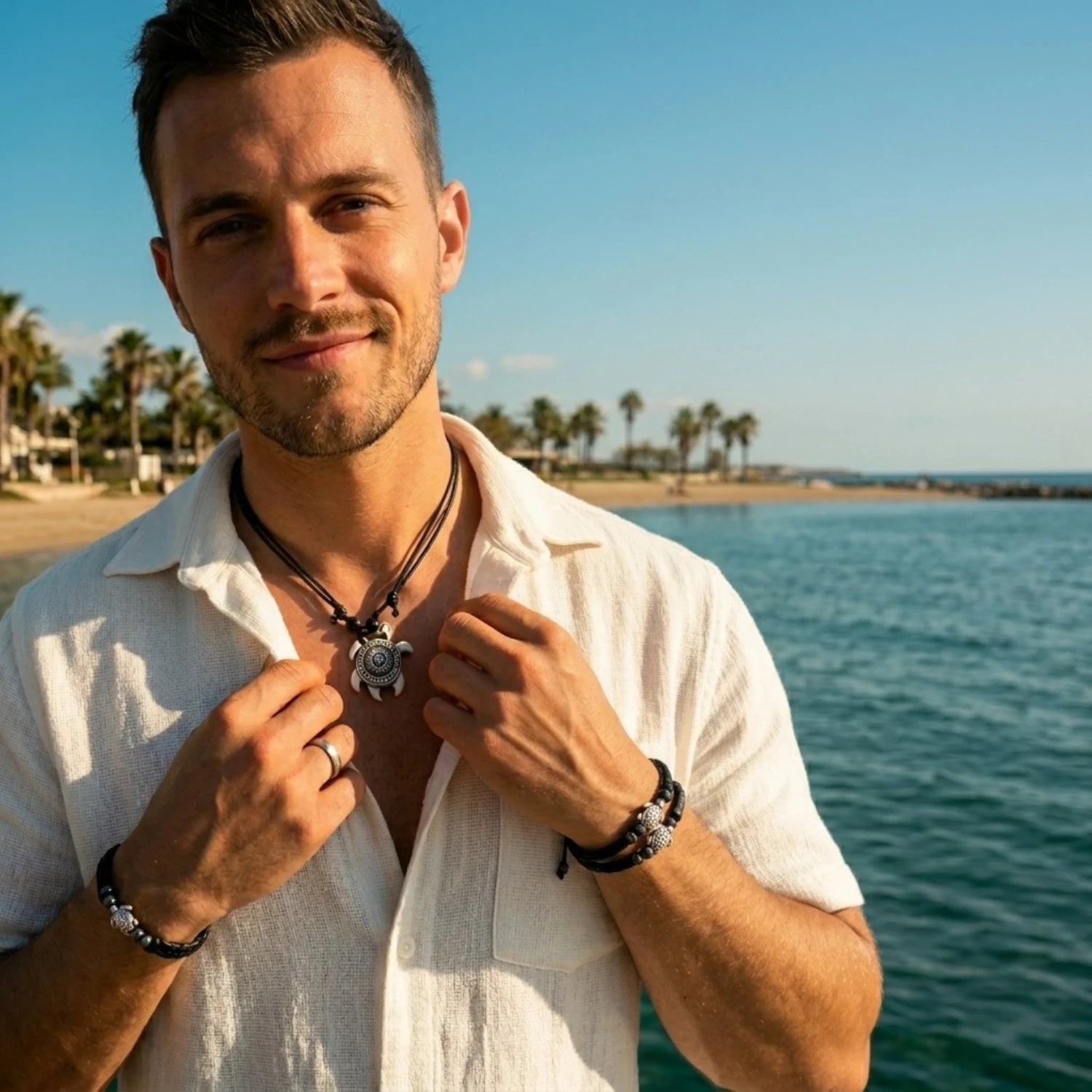 Portrait d'un homme souriant au bord de la mer portant un collier tortue blanche mandala et des bracelets assortis.